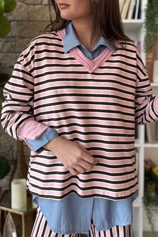 Marlowe Stripe Sweatshirt Pink Chocolate